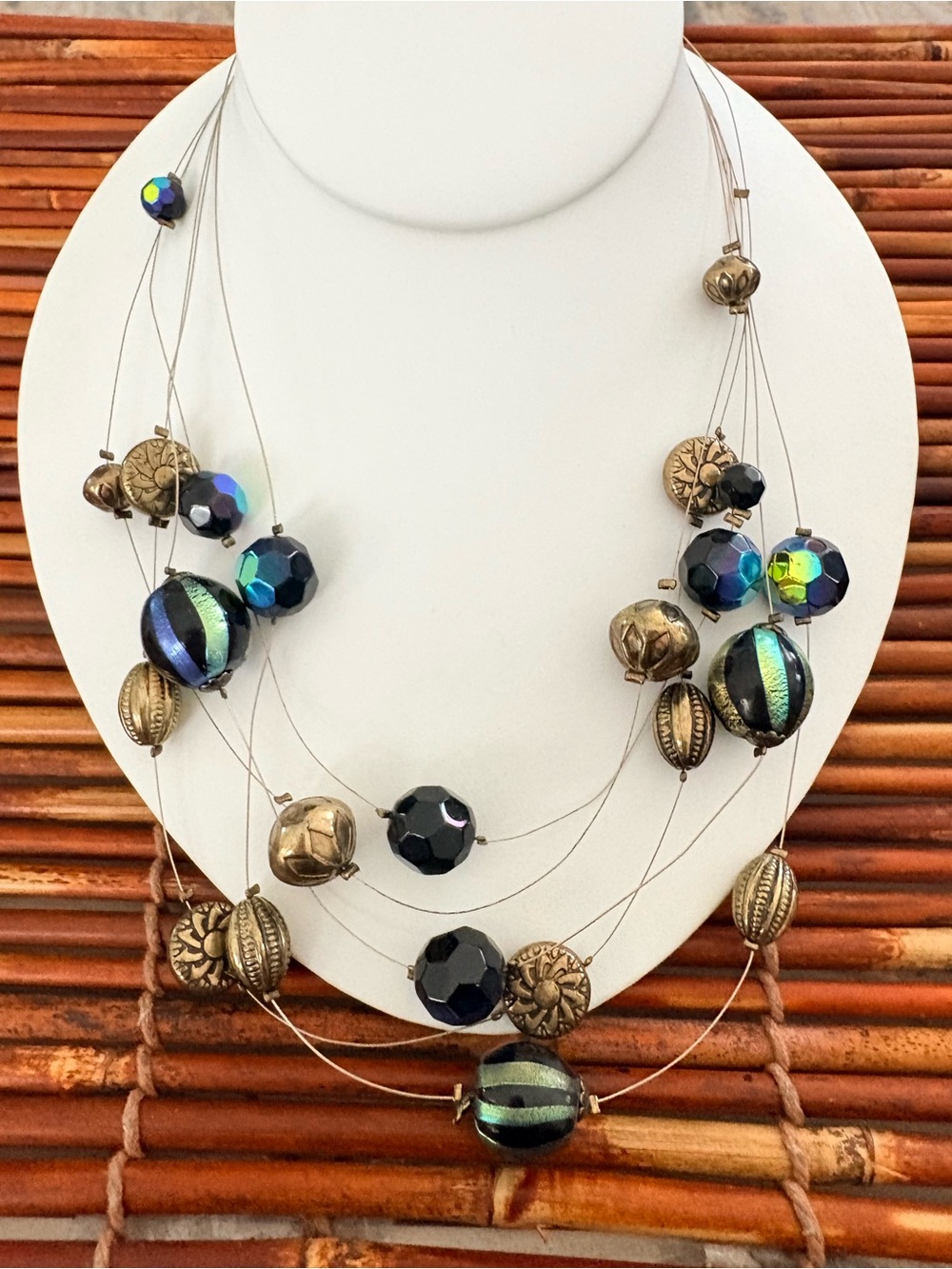 Multi-Strand Black & Iridescent Green Bead Necklace Antiqued Gold Accent 18”-21”